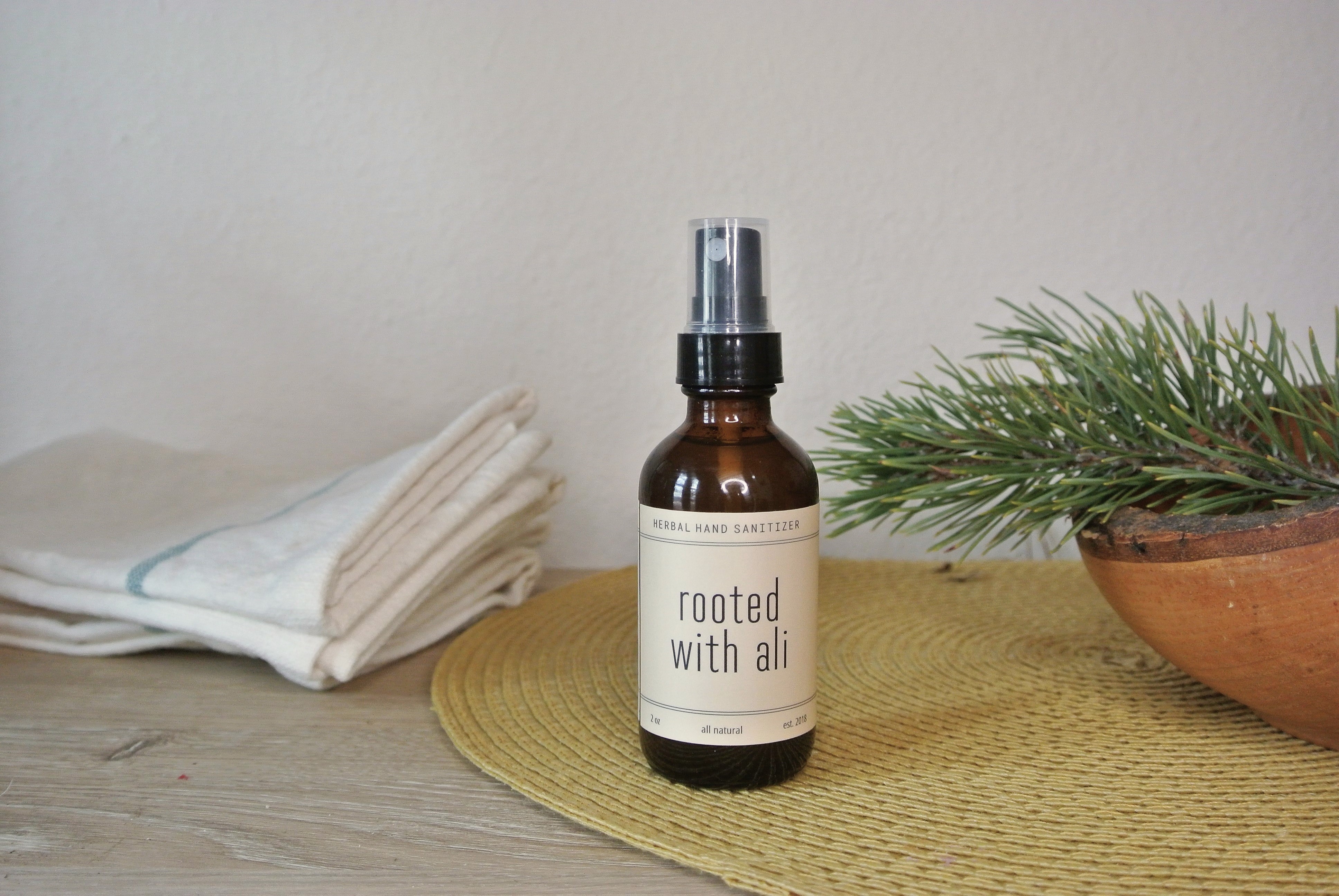 herbal hand sanitizer on a table